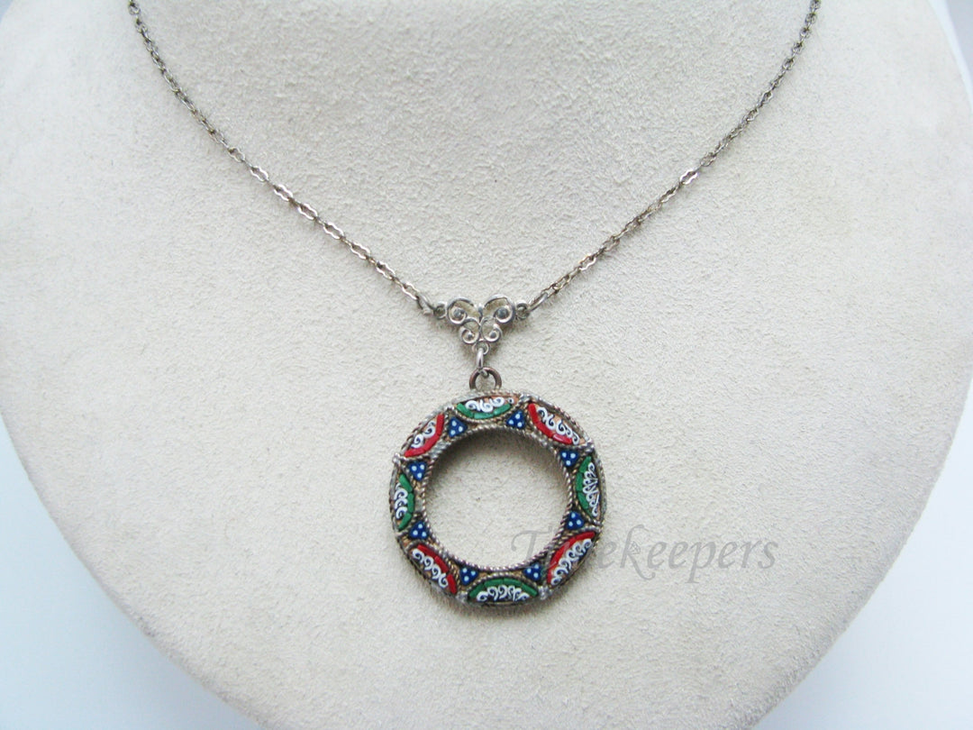 c489 Vintage - Micro Mosaic Donut Shape Necklace in Brass &amp; Silver Tone Chain