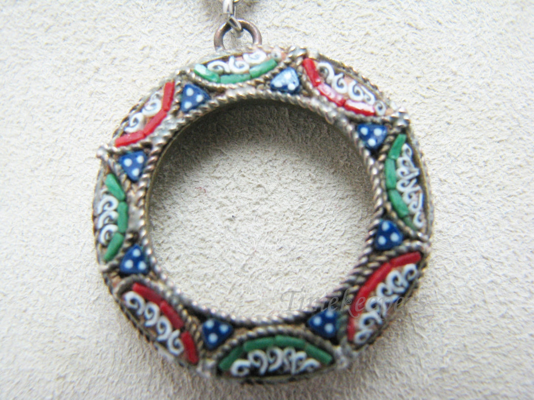 c489 Vintage - Micro Mosaic Donut Shape Necklace in Brass &amp; Silver Tone Chain