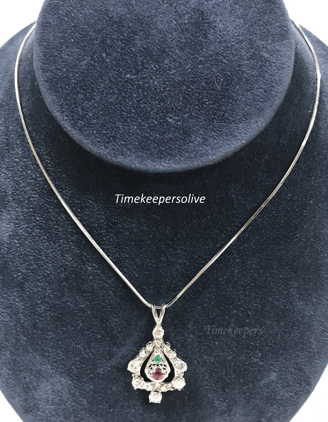 a957 Gorgeous Vintage 24" Chain 14K Necklace Diamond Ruby Emerald Pendant White Gold