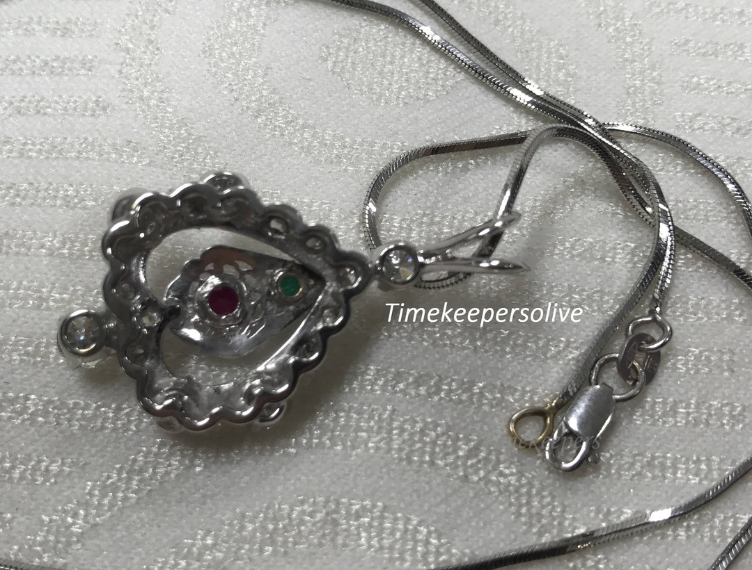 a957 Gorgeous Vintage 24" Chain 14K Necklace Diamond Ruby Emerald Pendant White Gold