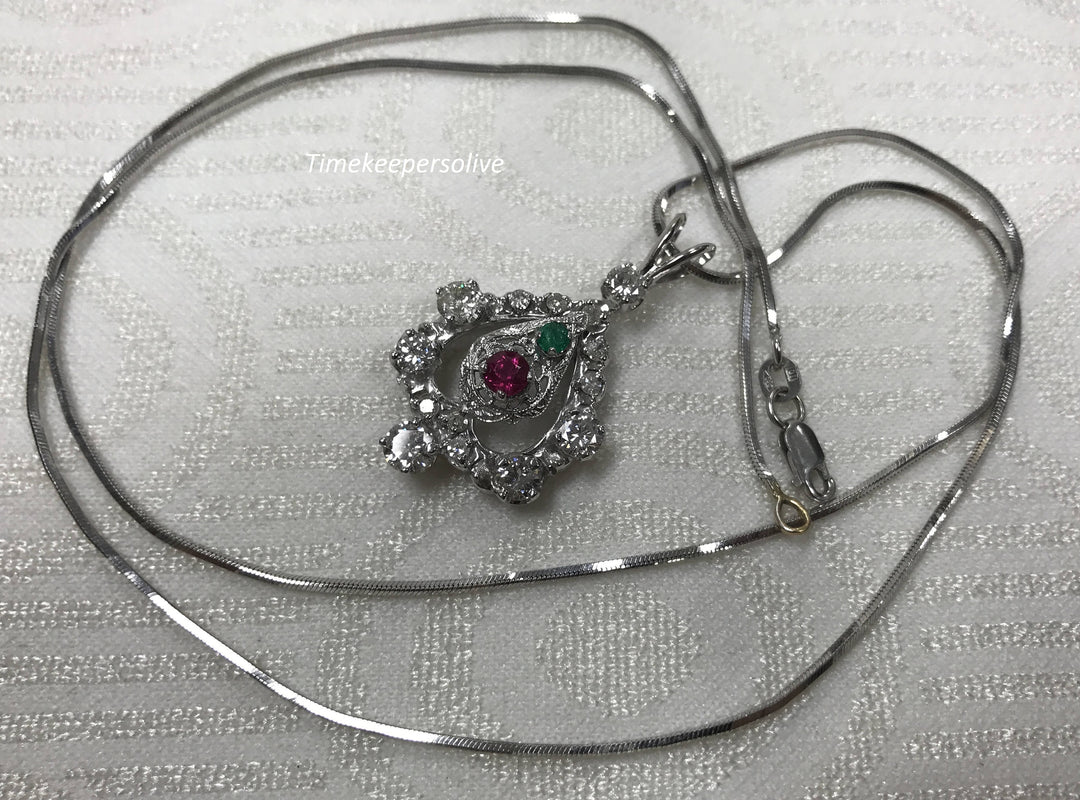 a957 Gorgeous Vintage 24" Chain 14K Necklace Diamond Ruby Emerald Pendant White Gold