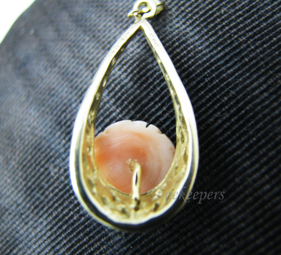 a754 Beautiful Carved Rose in Coral Pendant set in 14k Yellow Gold