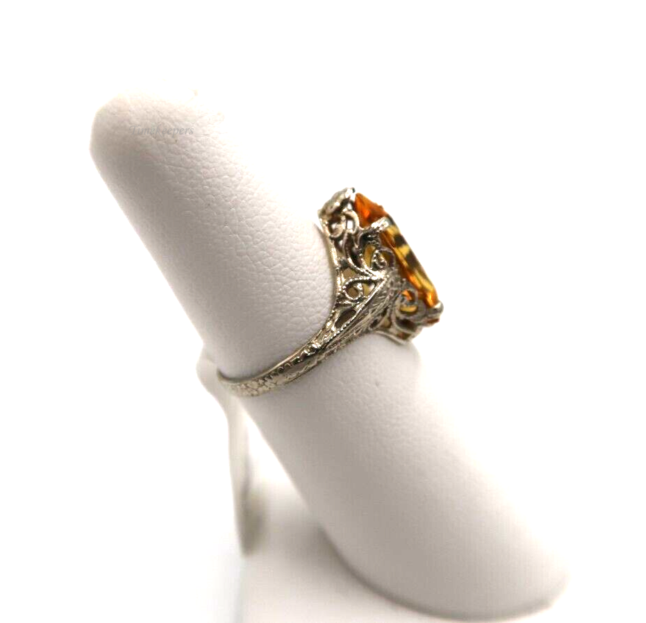 t222 14kt White Gold Filigree Pentagonal Cut Orange Glass Ring Size 5 3/4(US)
