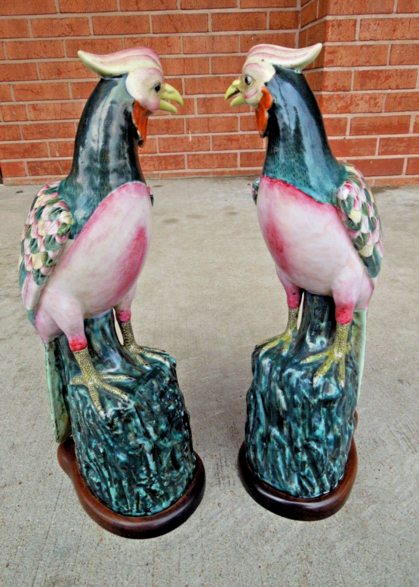 t008 Antique Pair of Porcelain Chinese Phoenix Birds Statue Pair with wooden base,Chinese Antique,Rare Collectibles,Rarest of the Rare  