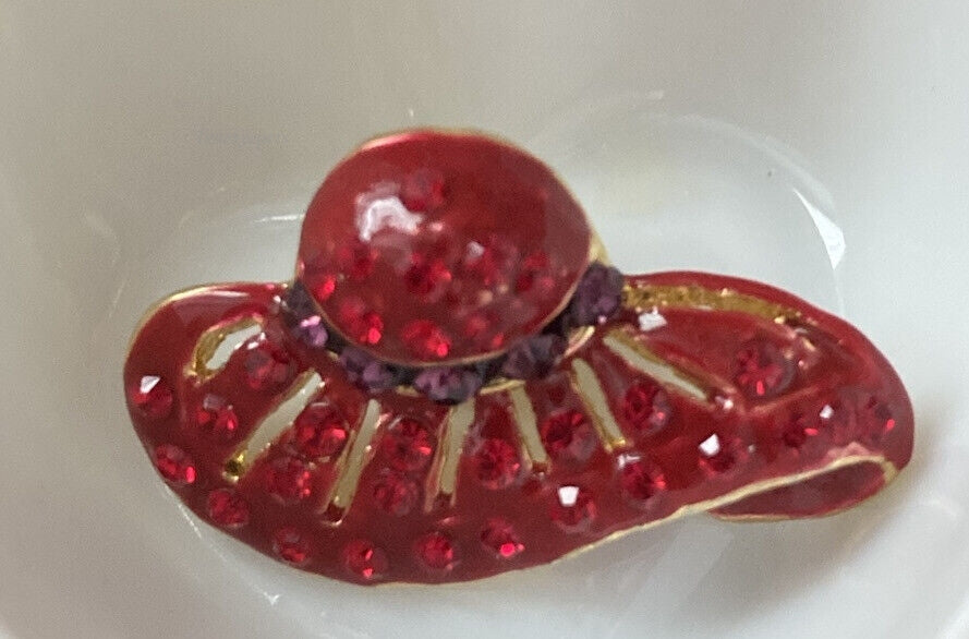 s144 Vintage Red Hat Purple Bling Crystals Hat Pin Brooch Gold Tone Rhinestones