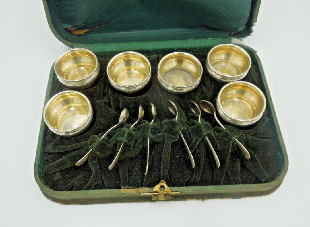 t161 Antique Gorham Sterling Set 6 Gold Wash Salt Dips, 6 Gold Wash Salt Spoons original case Very Rare and Old