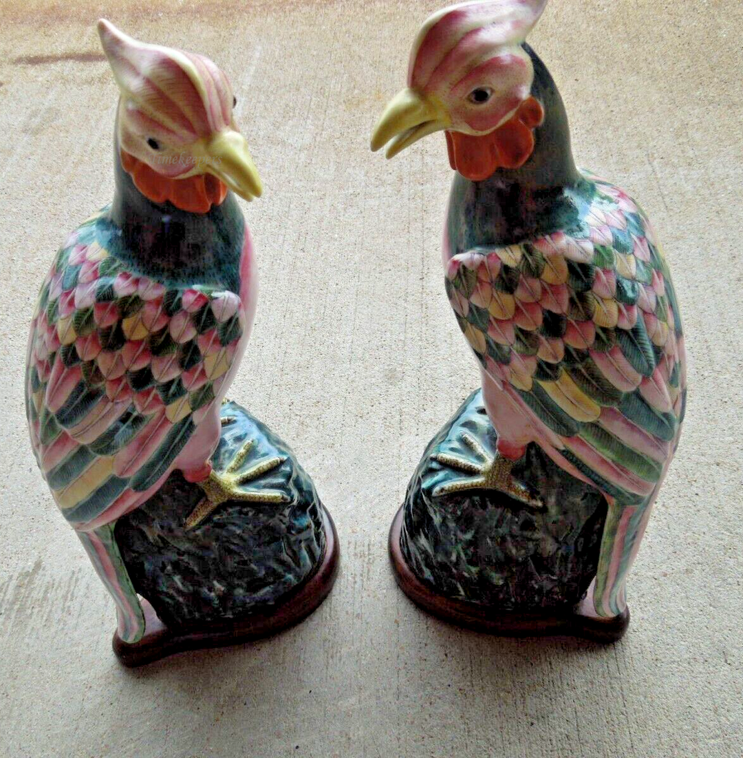 t008 Antique Pair of Porcelain Chinese Phoenix Birds Statue Pair with wooden base,Chinese Antique,Rare Collectibles,Rarest of the Rare  