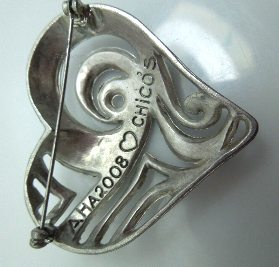 s811 Chico's Silver Tone Heart Brooch Pin Crystals Signed AHA 2008 2"