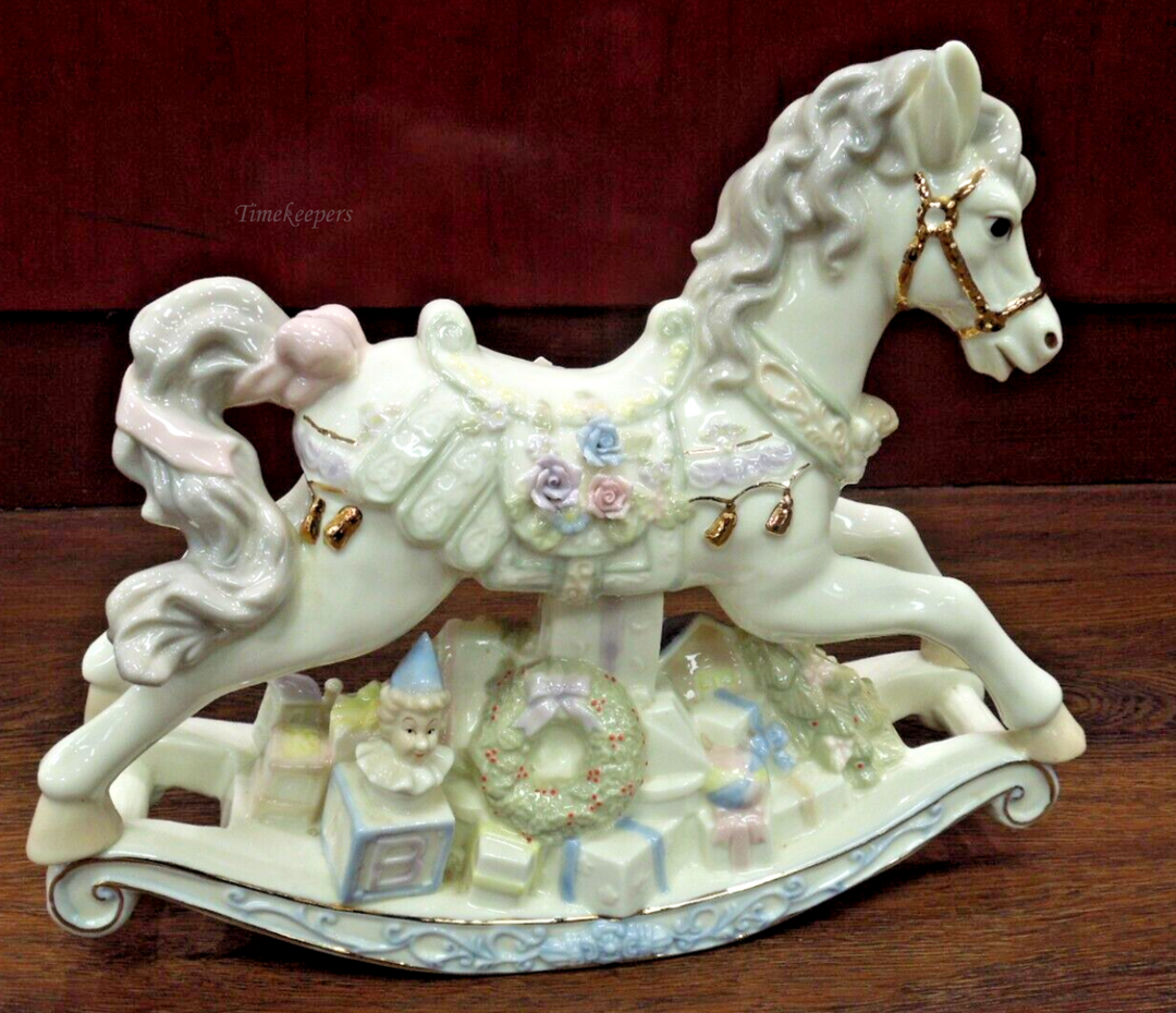 s681 Vintage Sankyo-Fine Porcelain-Christmas Musical Rocking Horse