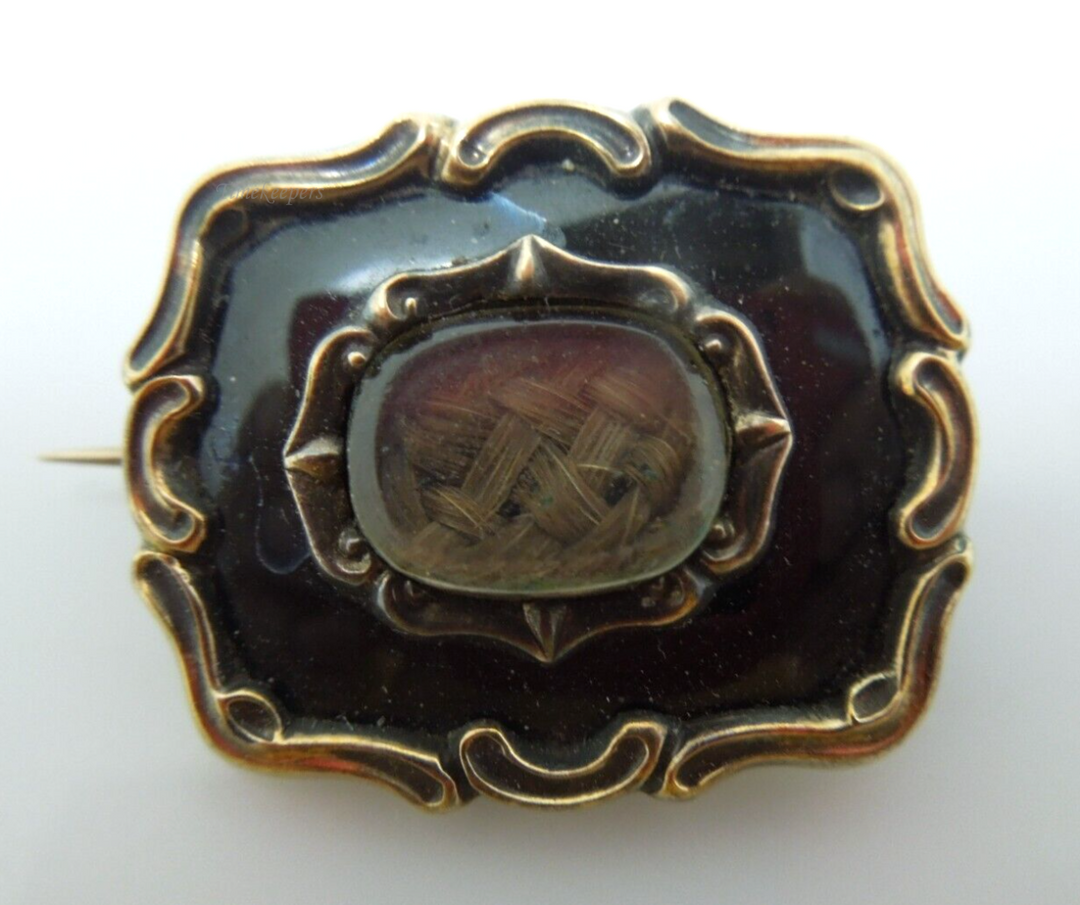 s979 14kt Yellow Gold Antique Victorian Black Onyx Braided Hair Mourning Brooch