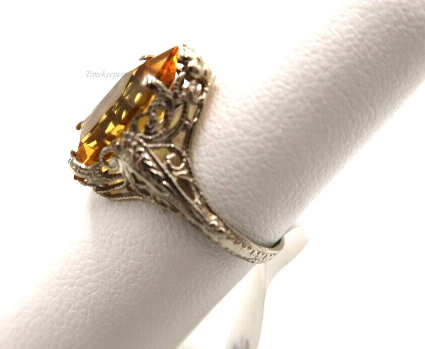 t222 14kt White Gold Filigree Pentagonal Cut Orange Glass Ring Size 5 3/4(US)