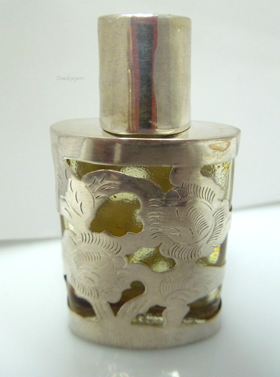 s193 Vintage Miniature Glass Perfume Bottle with Sterling Case and Sterling Funnel Mexico