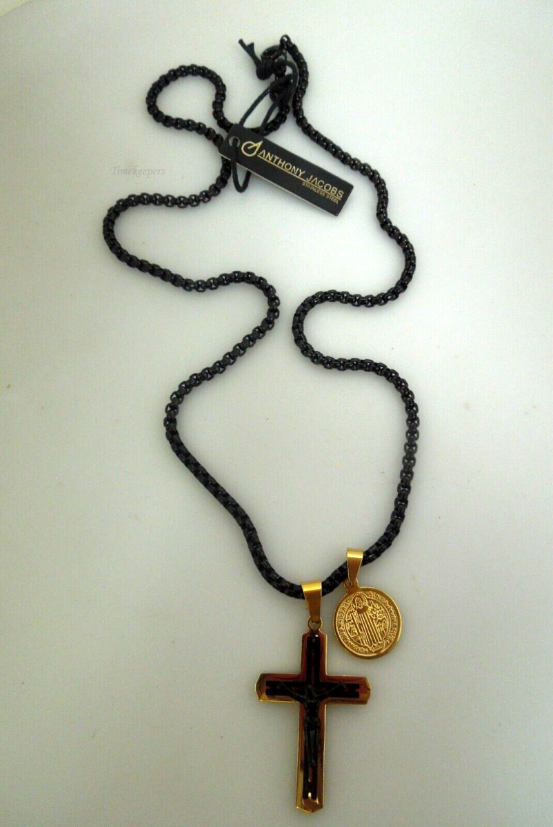 s344 Anthony Jacobs Black Stainless Steel Chain and gold tone round and cross Pendant New with tags  