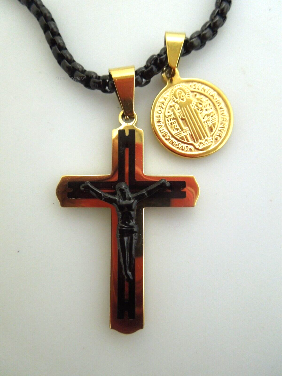 s344 Anthony Jacobs Black Stainless Steel Chain and gold tone round and cross Pendant New with tags  