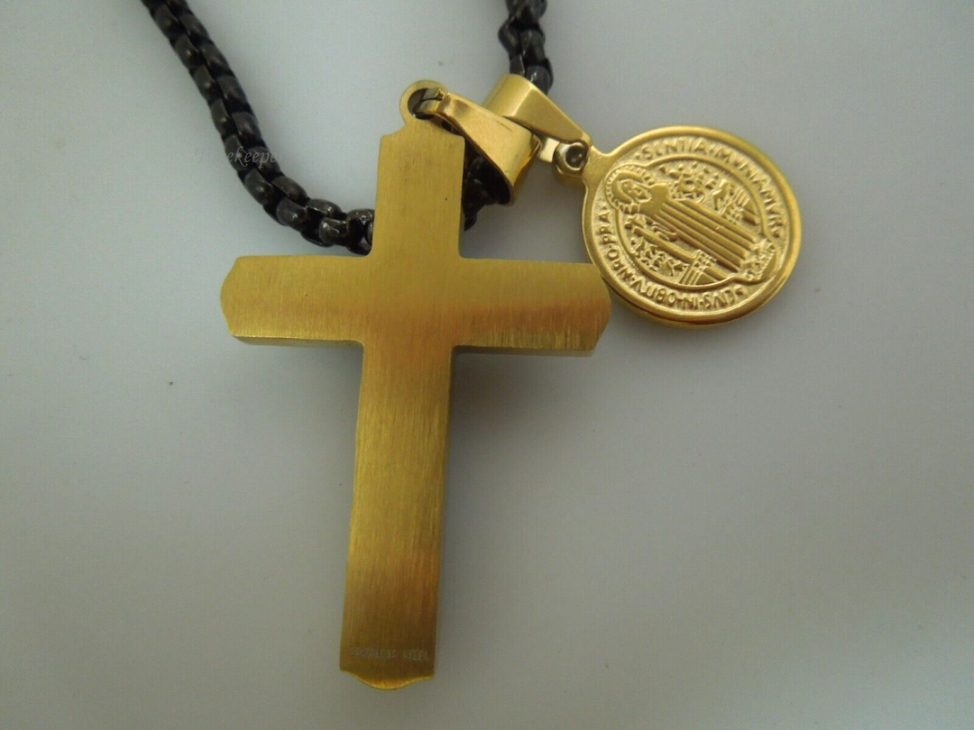 s344 Anthony Jacobs Black Stainless Steel Chain and gold tone round and cross Pendant New with tags  