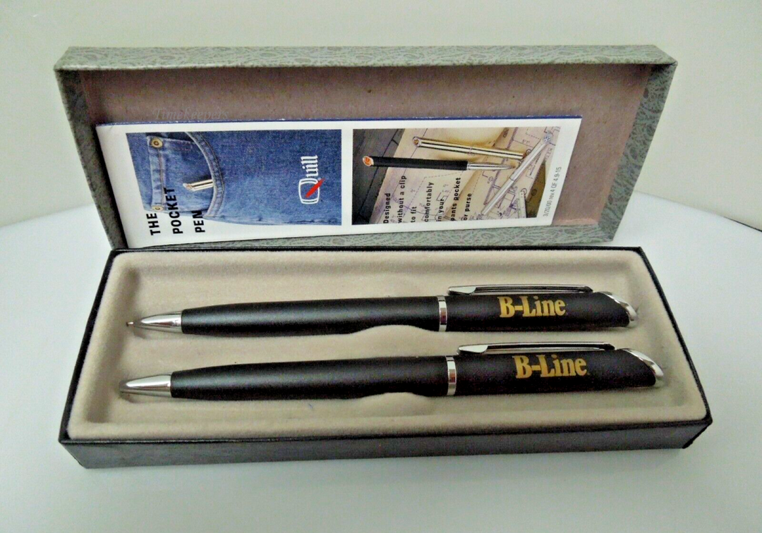 t025 Vintage Quill Silver Tone Ballpoint Pen + Mechanical Pencil Set in Box Pre-owned