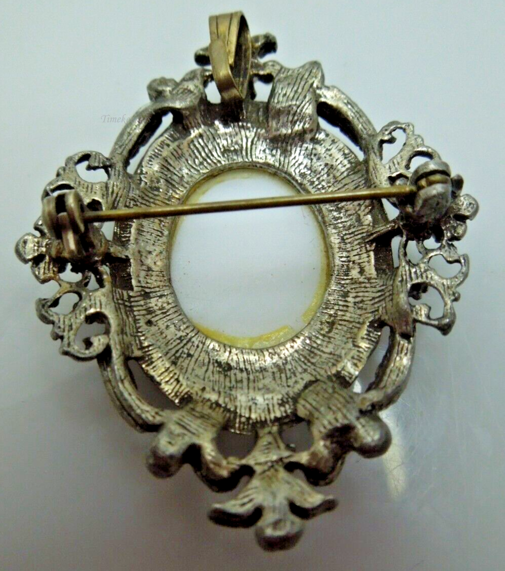 s767 Vintage Portrait Brooch, Brooch / Pendant, Silver Tone Metal, Turquoise Faux Pearls, Estate Jewelry, Ladies Cameo Portrait Brooch