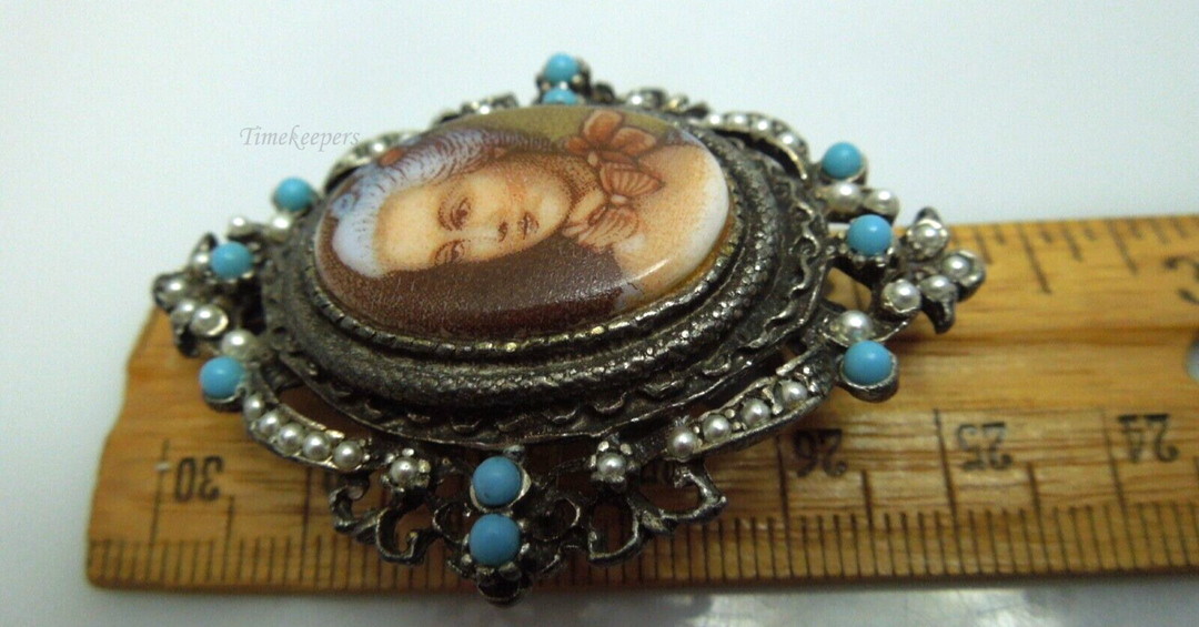 s767 Vintage Portrait Brooch, Brooch / Pendant, Silver Tone Metal, Turquoise Faux Pearls, Estate Jewelry, Ladies Cameo Portrait Brooch