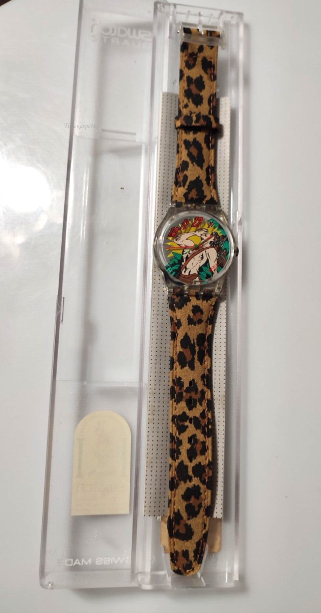 s476 Vintage 1995 Swatch OONGAWAH! GK193 - mint - unworn - running - new battery - 34mm dial - leather strap