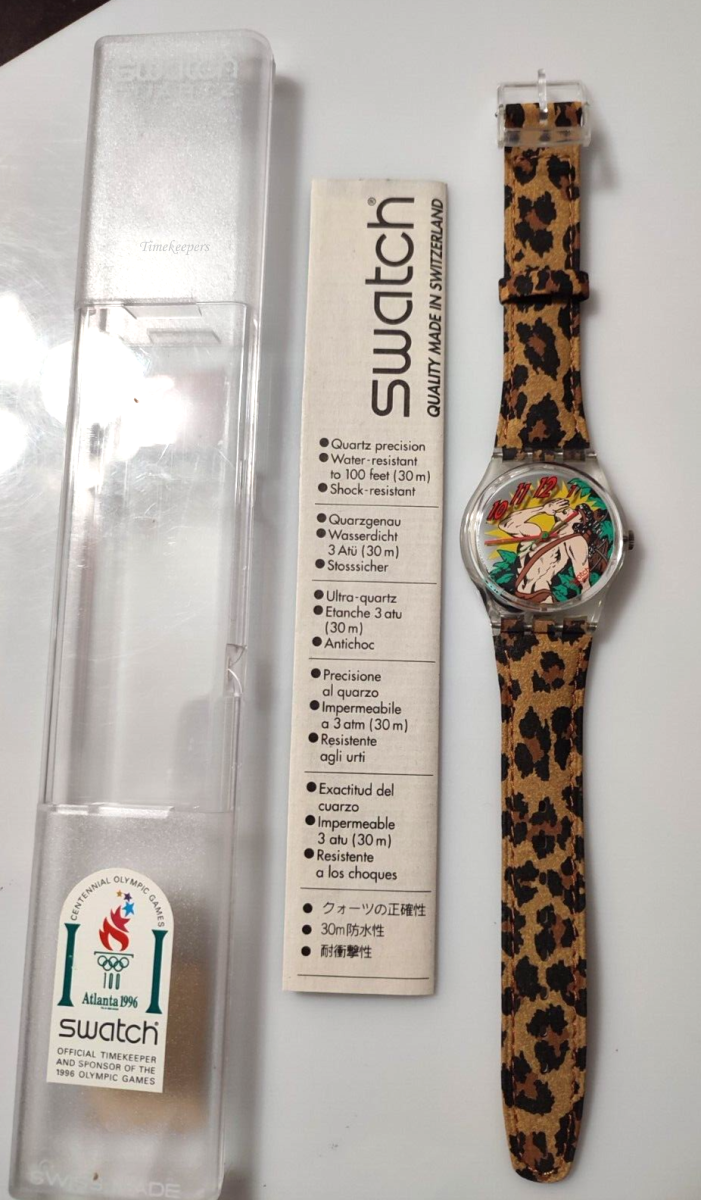 s476 Vintage 1995 Swatch OONGAWAH! GK193 - mint - unworn - running - new battery - 34mm dial - leather strap
