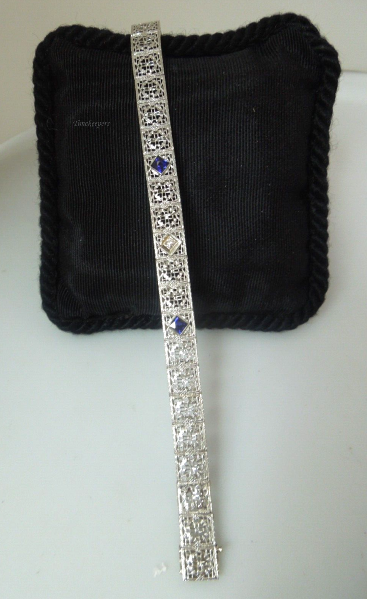 s367 14kt White Gold Filigree Sapphire and Diamond Bracelet 6 1/2"