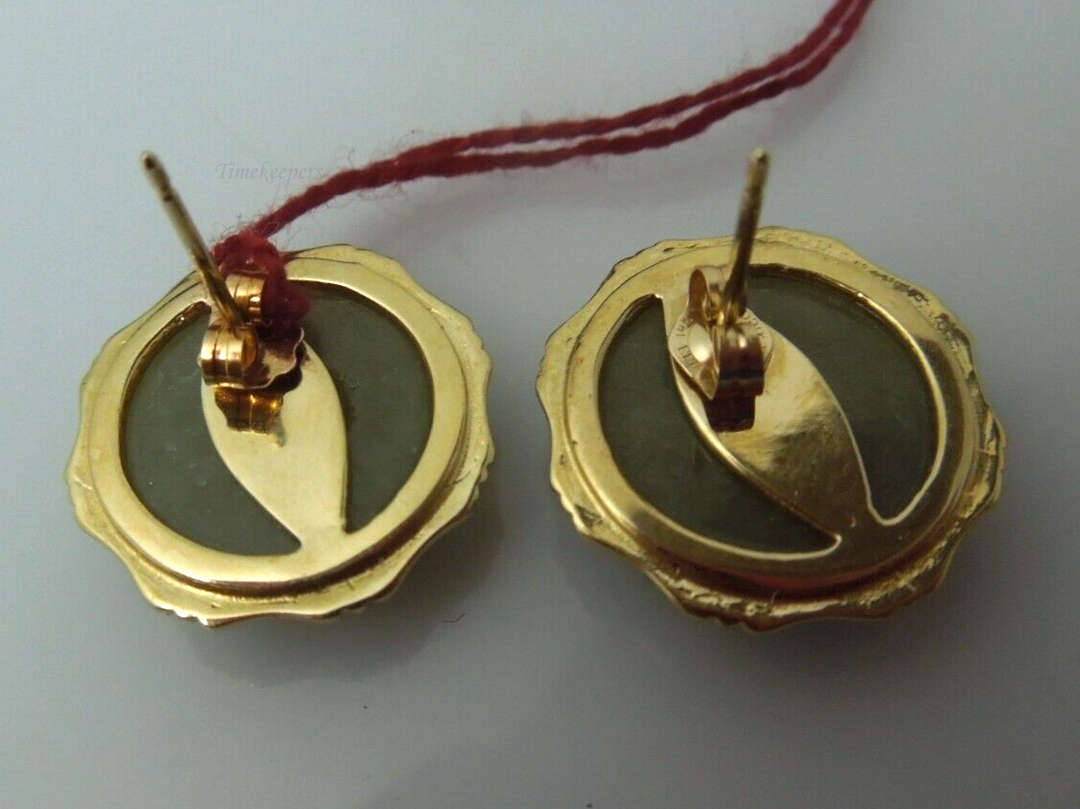 s908 Estate Jade Earrings Vintage 14K Solid Yellow Gold Natural Jade Donuts Meander Greek Key Chinese Fú Symbol Good Luck Fortune