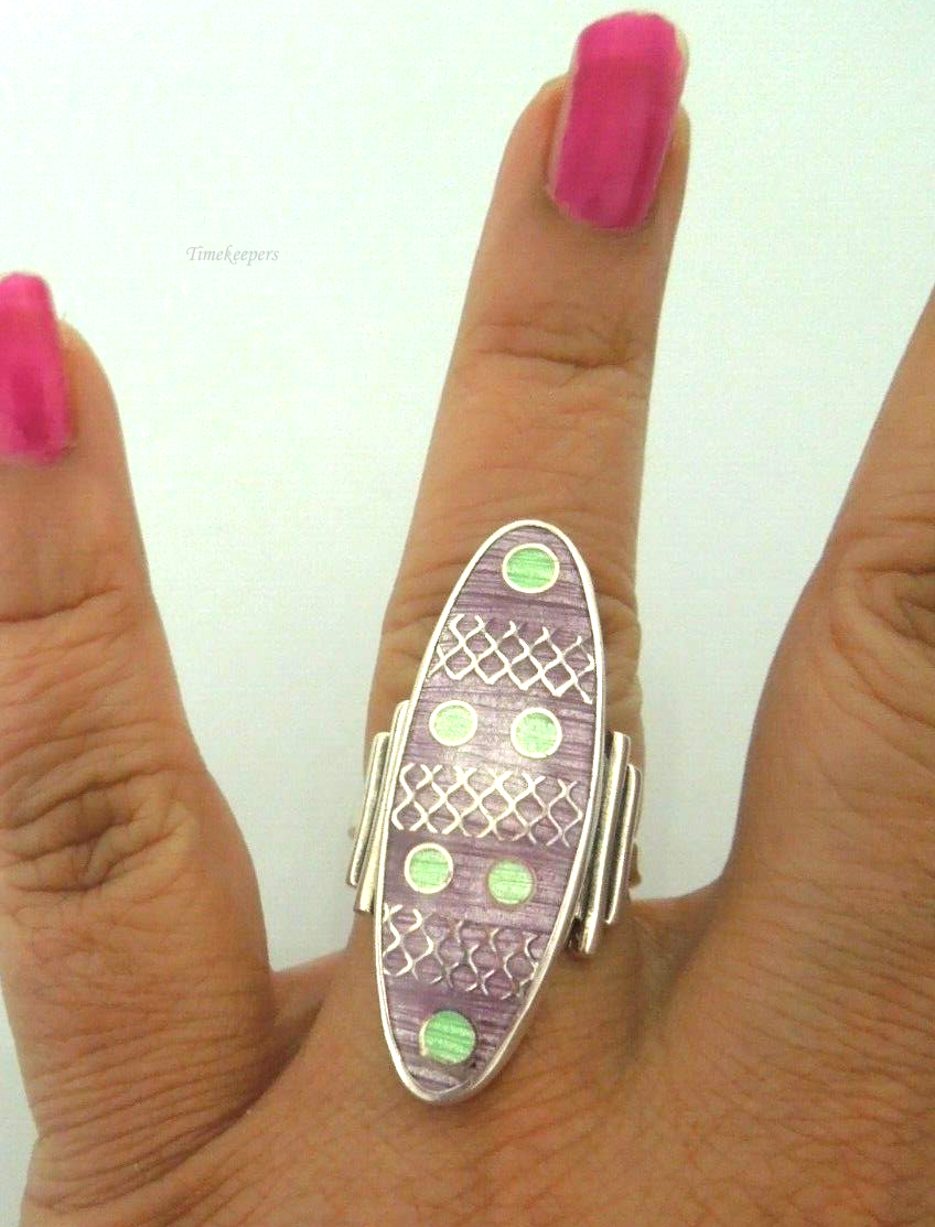 s081 Vintage Sterling Silver Big face Enamel Ring in Size 7.25 