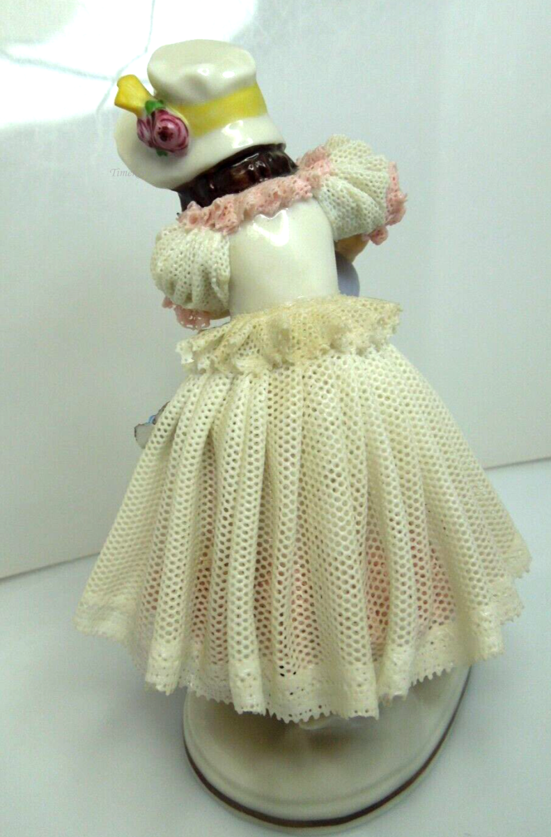 s797 Vintage Dresden German Continental Porcelain Figurine Girl in Lace Trim Dress Pouring water 