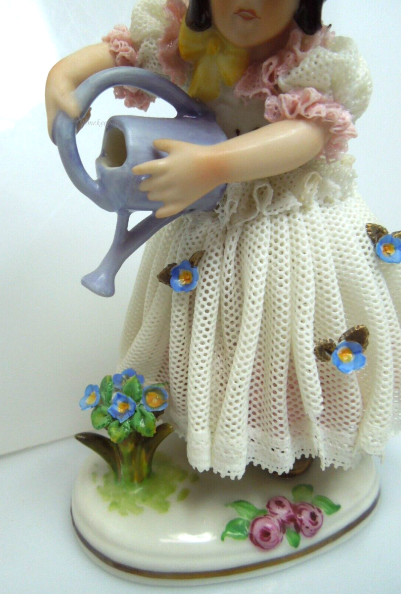 s797 Vintage Dresden German Continental Porcelain Figurine Girl in Lace Trim Dress Pouring water 