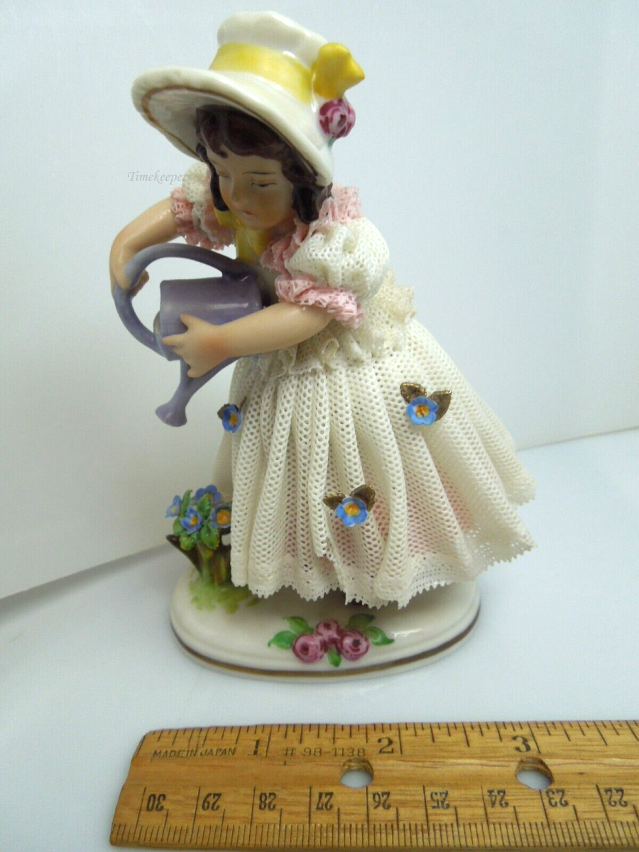 s797 Vintage Dresden German Continental Porcelain Figurine Girl in Lace Trim Dress Pouring water 