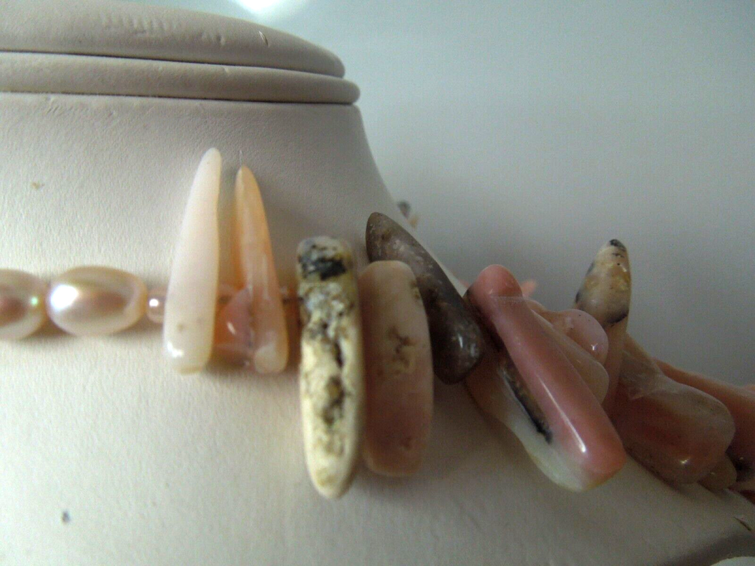 s104 Vintage Pink Agate or Rhodochrosite Spike fringe style Necklace 18"