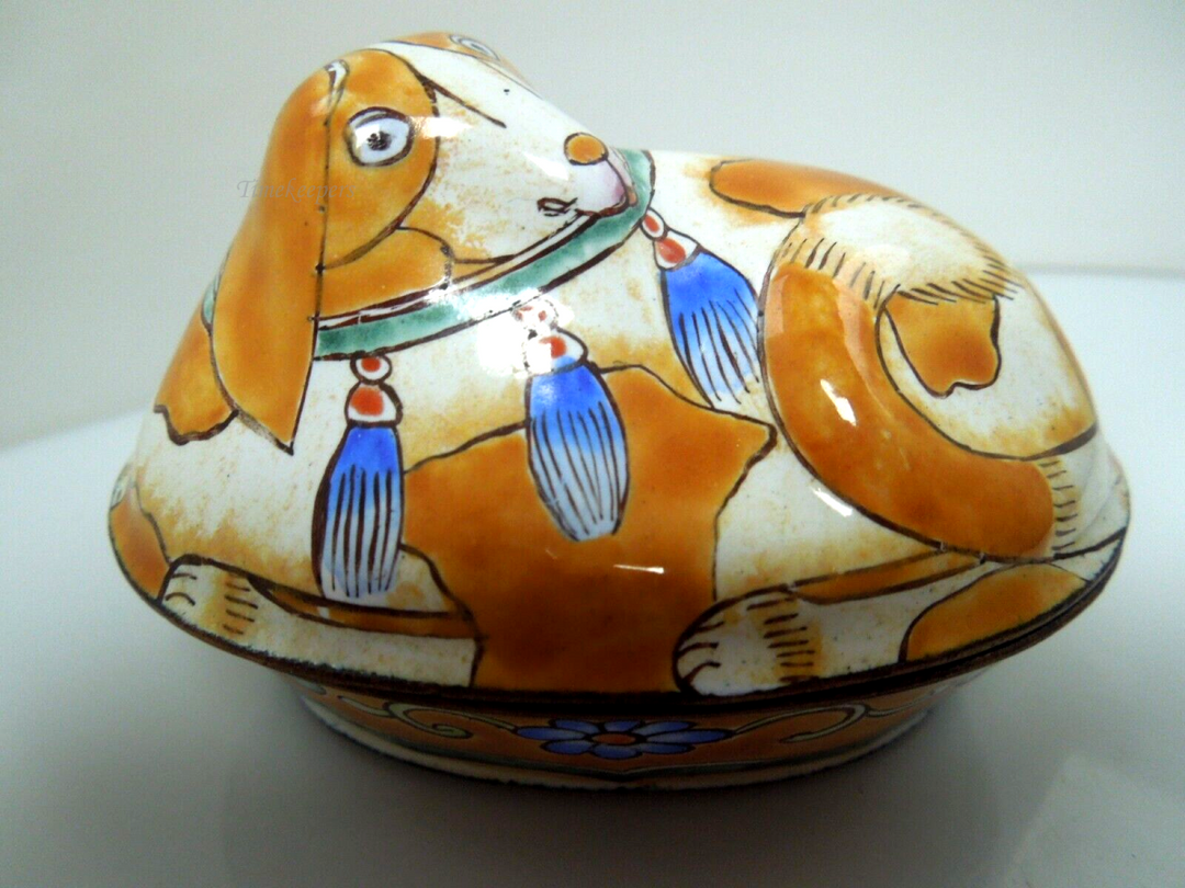 s227 Vintage Chinese Canton Copper Enamel Trinket Box Dog Cloisonné Turquoise Interior.