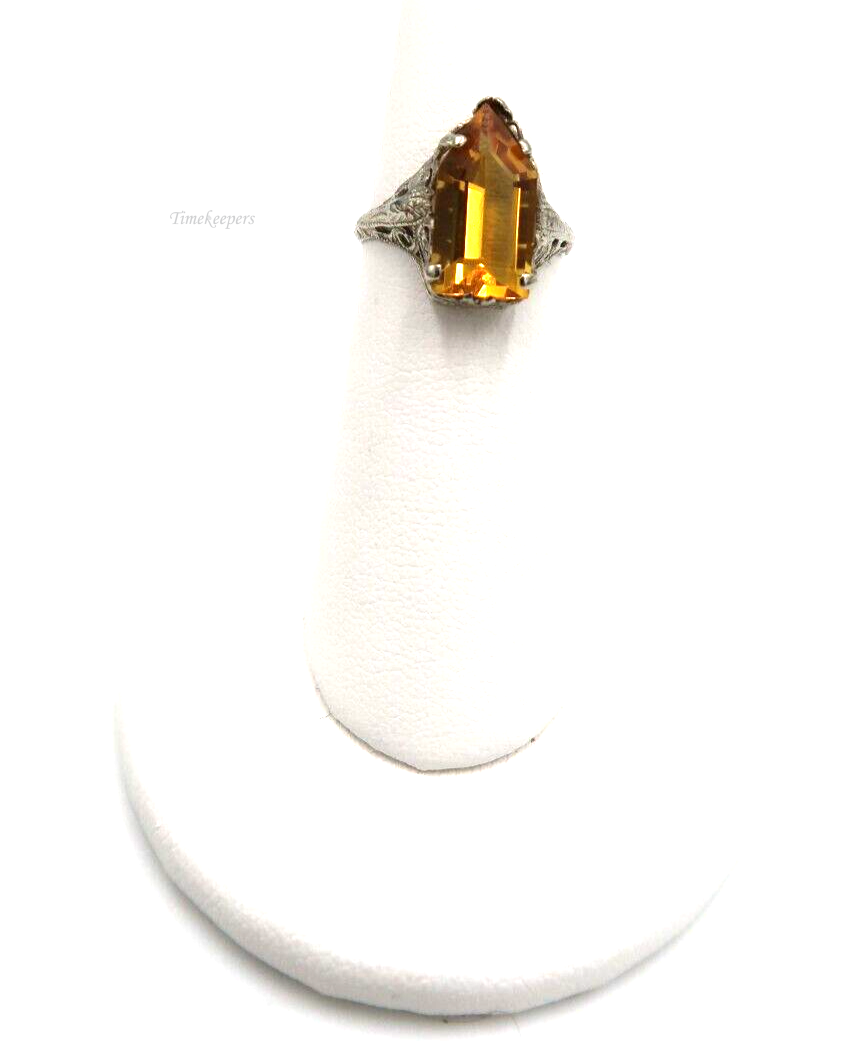 t222 14kt White Gold Filigree Pentagonal Cut Orange Glass Ring Size 5 3/4(US)