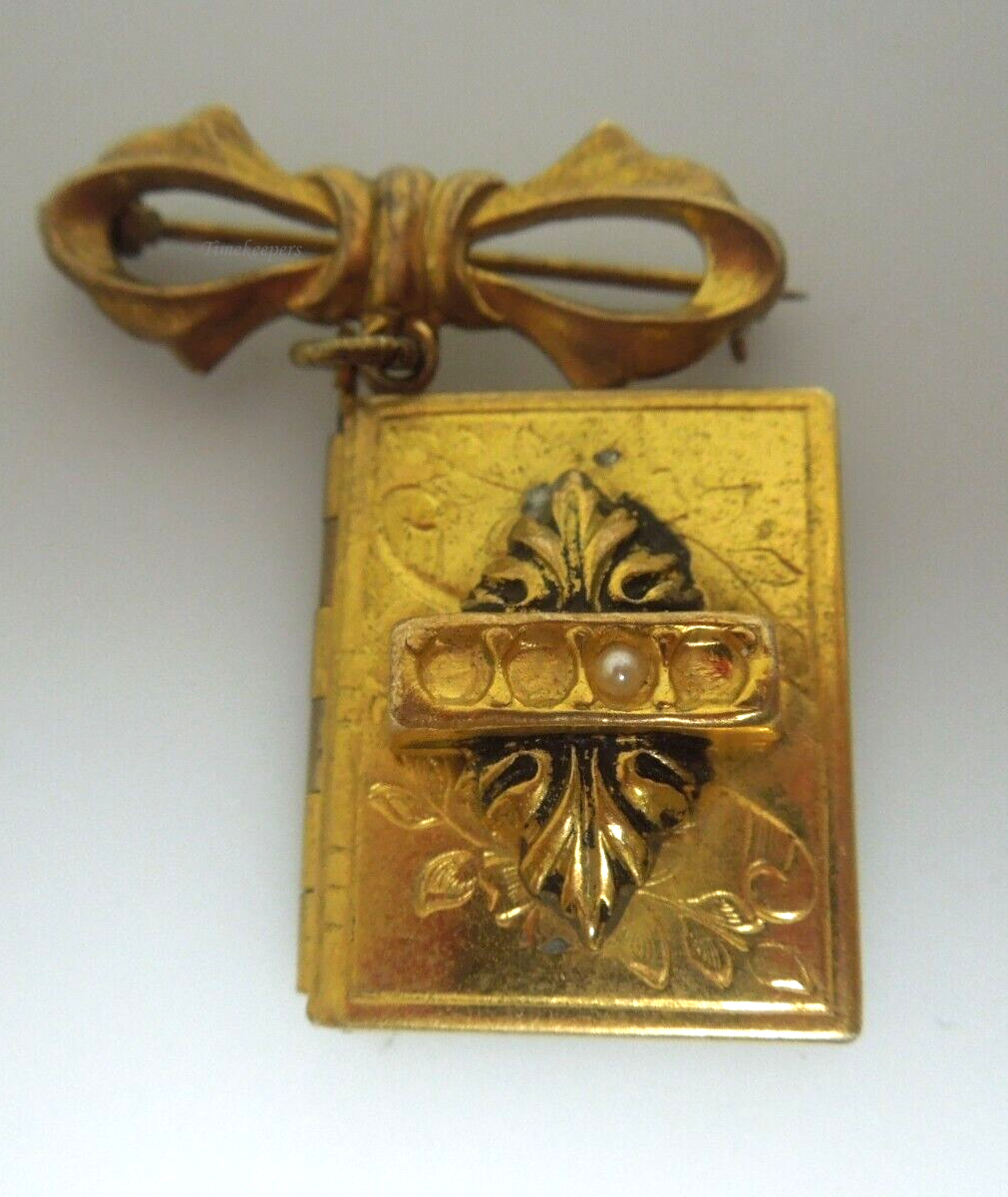 s332 Vintage Mid Century Bow with Dangling Book Shaped Locket Pin Brooch