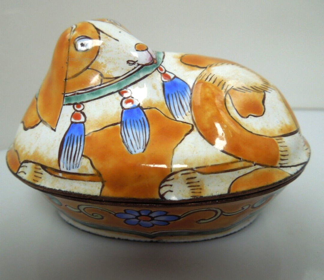 s227 Vintage Chinese Canton Copper Enamel Trinket Box Dog Cloisonné Turquoise Interior.