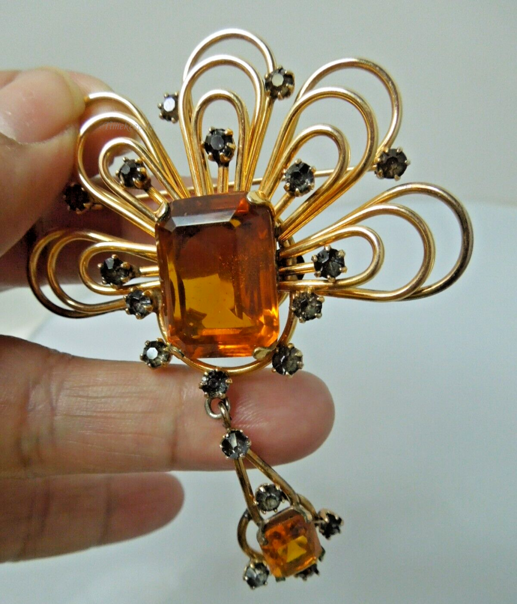 s975 Vintage  Art Deco Style Vintage 1950s 1/20 12k Gold Filled Citrine Brooch Pin  