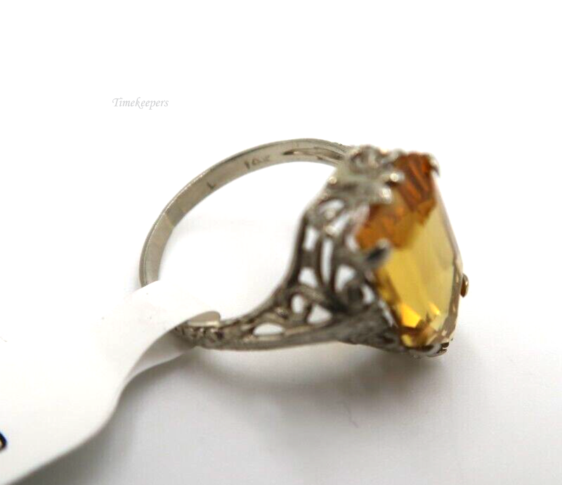 t222 14kt White Gold Filigree Pentagonal Cut Orange Glass Ring Size 5 3/4(US)
