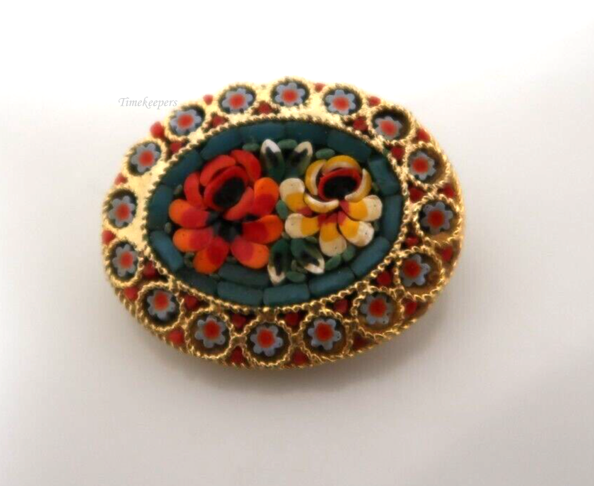 q720 Micro Mosaic Brooch, Floral Micro Mosaic Brooch, Micro Mosaic Pin, Blue, Red, Orange and Green Pin, Gold Metal Base Pin