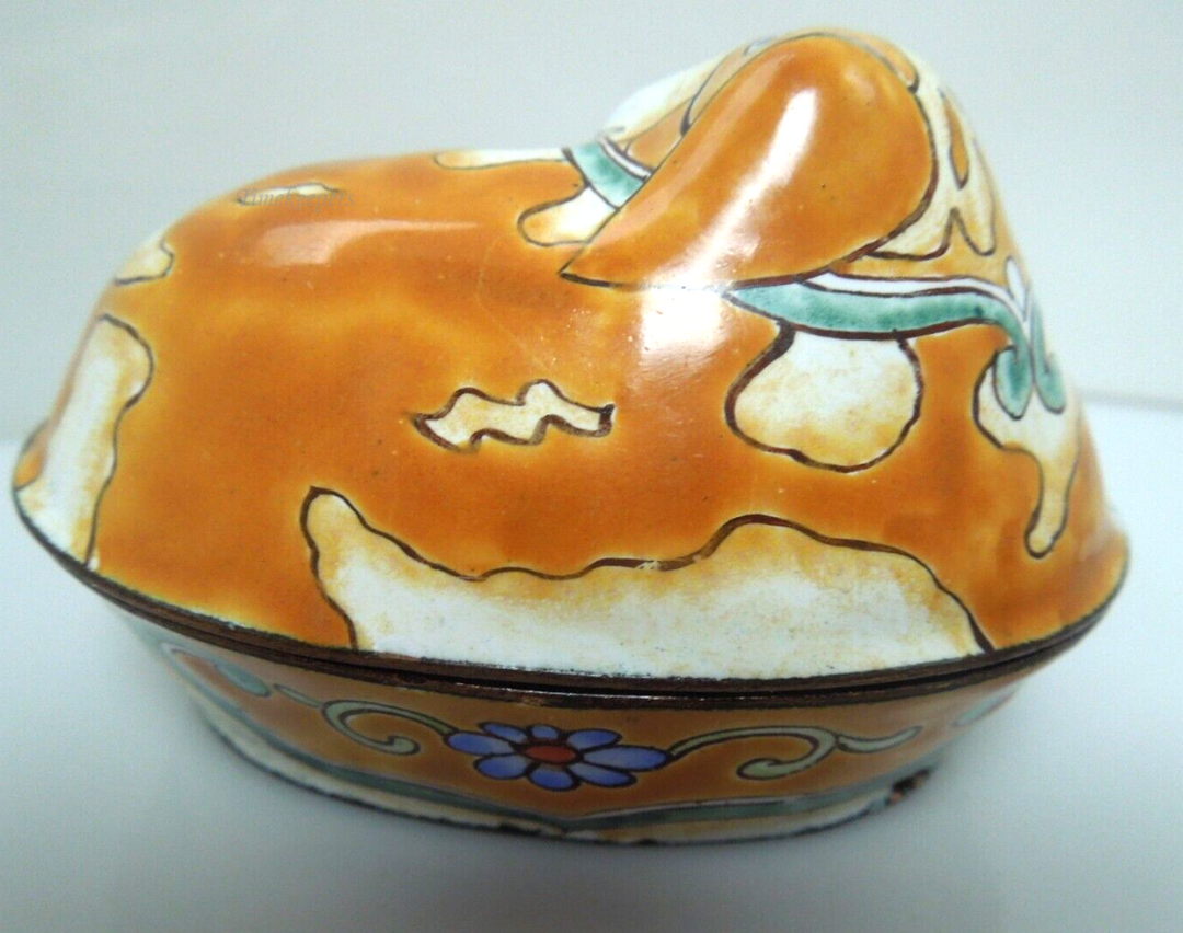 s227 Vintage Chinese Canton Copper Enamel Trinket Box Dog Cloisonné Turquoise Interior.