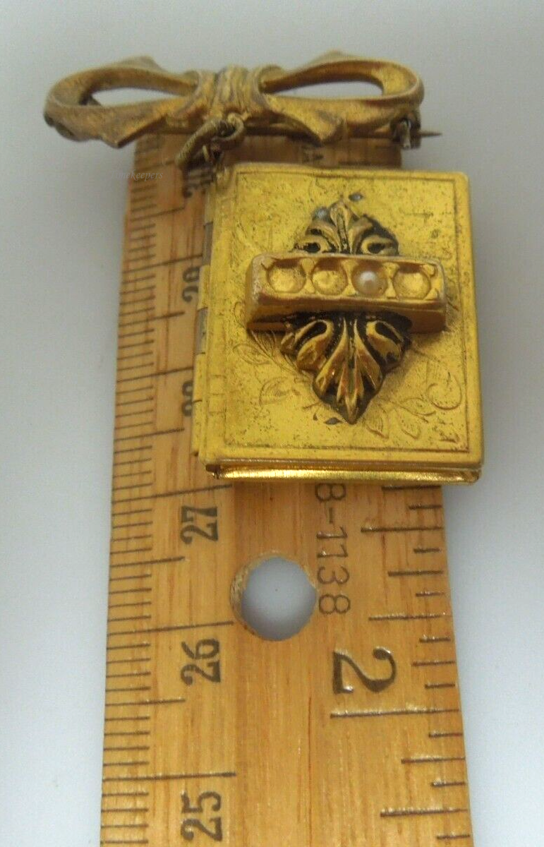 s332 Vintage Mid Century Bow with Dangling Book Shaped Locket Pin Brooch