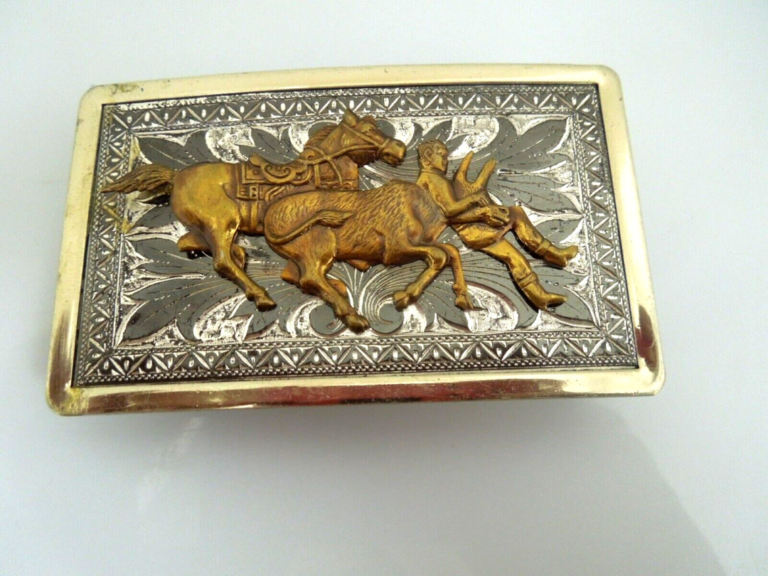 s085 Vintage Wrestling Belt Buckle Ranch Rodeo Silver Vintage Bulldogging Cowboy Horse