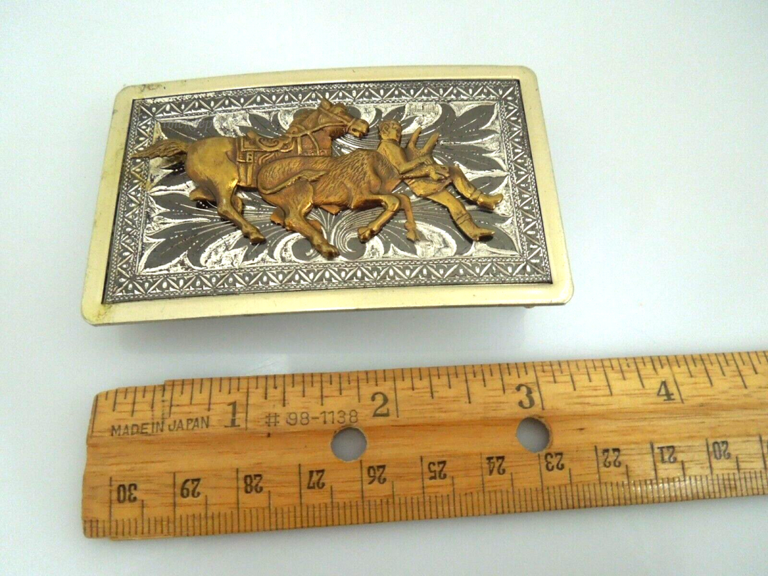 s085 Vintage Wrestling Belt Buckle Ranch Rodeo Silver Vintage Bulldogging Cowboy Horse