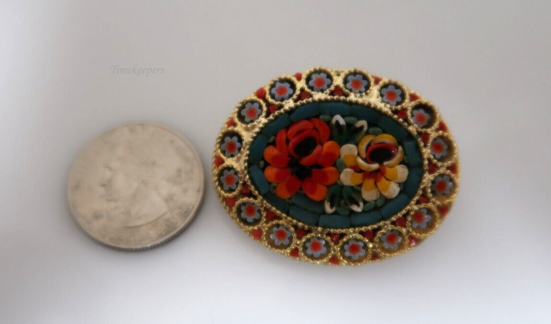 q720 Micro Mosaic Brooch, Floral Micro Mosaic Brooch, Micro Mosaic Pin, Blue, Red, Orange and Green Pin, Gold Metal Base Pin
