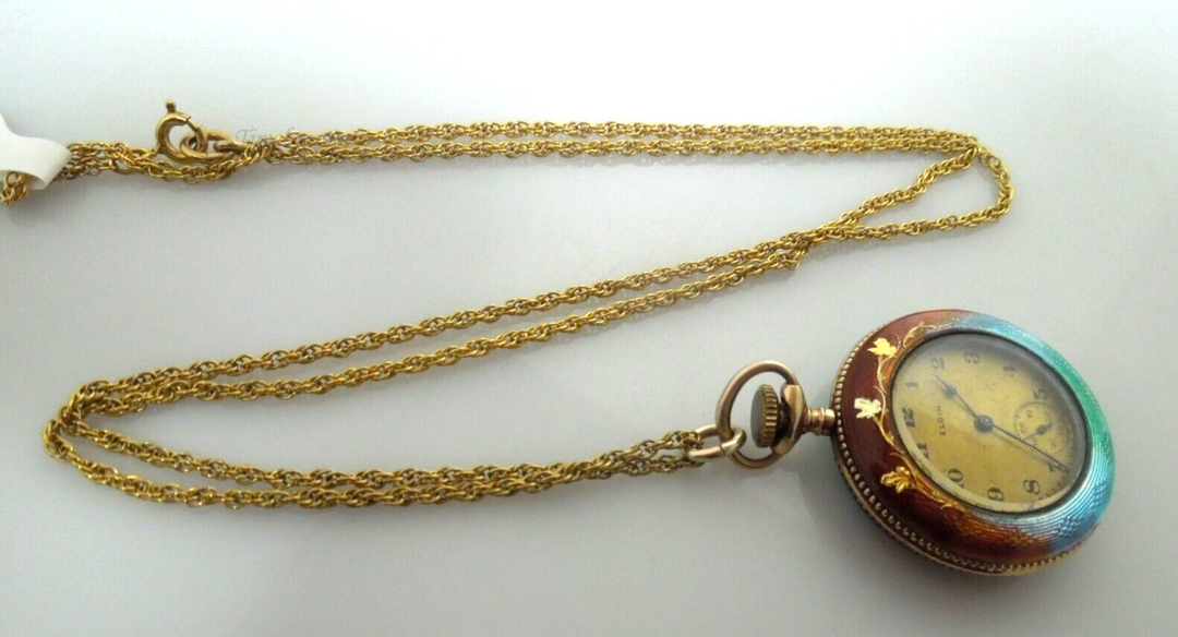 s187 Vintage Elgin Enamel Cloisonne Gold Filled Chain Pocket watch Swiss movement  