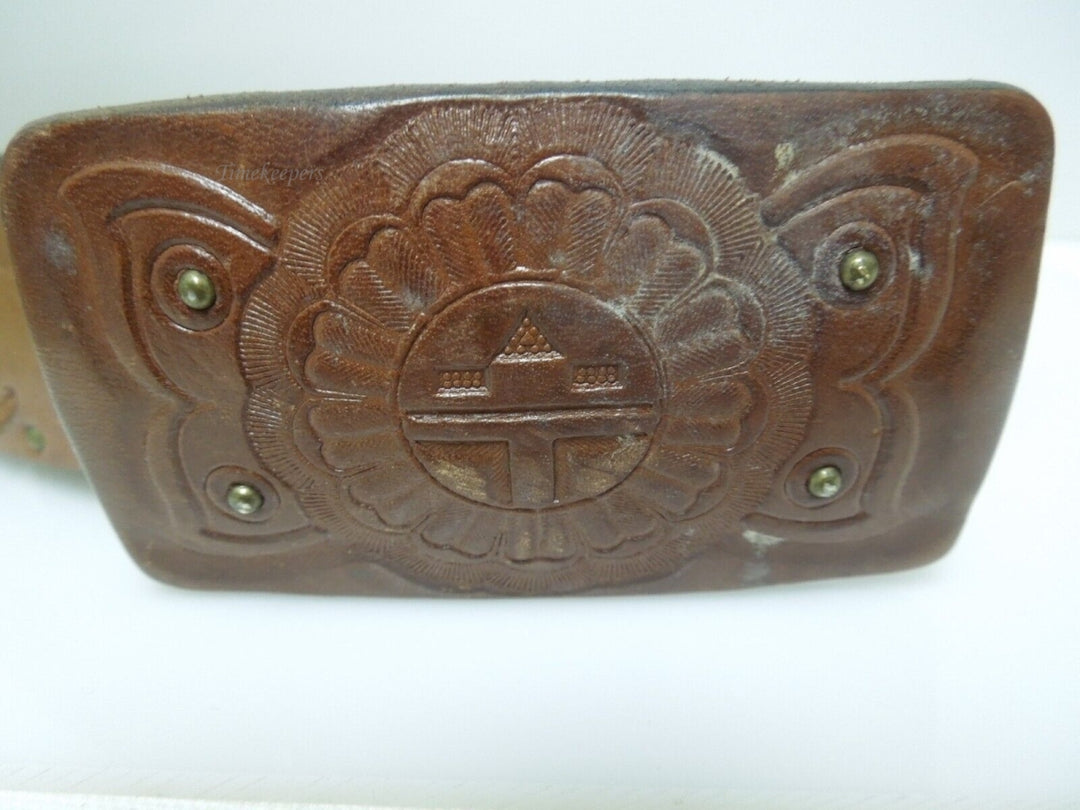 s513 Vintage Southwestern ZUNI Hand Tooled Leather BELT BUCKLE with Fossil Leather Belt Very Rare