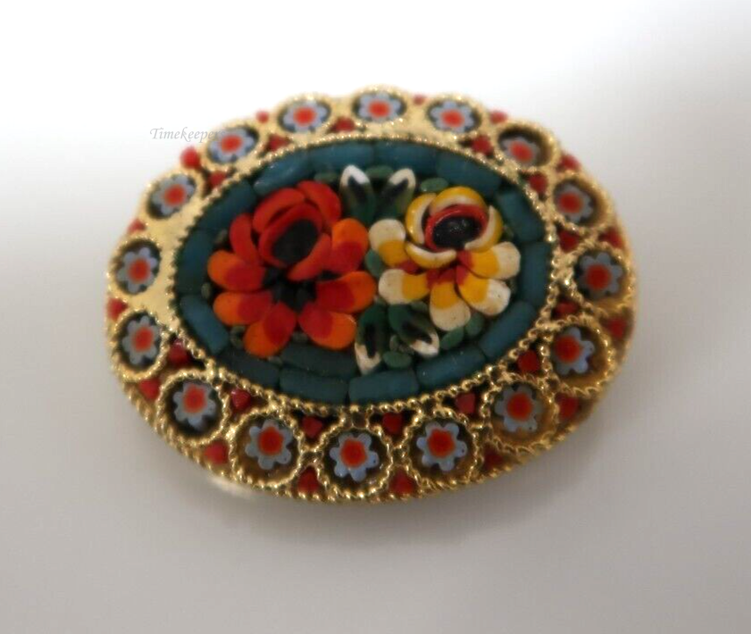 q720 Micro Mosaic Brooch, Floral Micro Mosaic Brooch, Micro Mosaic Pin, Blue, Red, Orange and Green Pin, Gold Metal Base Pin