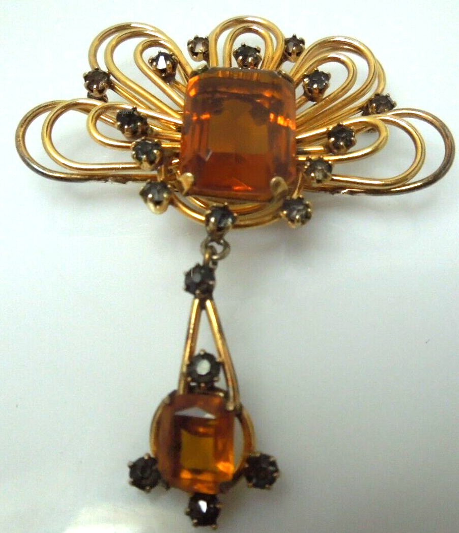 s975 Vintage  Art Deco Style Vintage 1950s 1/20 12k Gold Filled Citrine Brooch Pin  