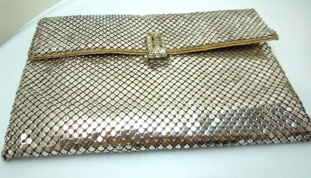 s919 Vintage Whiting & David Silver Clutch Bag With Rhinestone Clasp,Art Deco Silver Metal Mesh Crystal Paste Evening Bag  