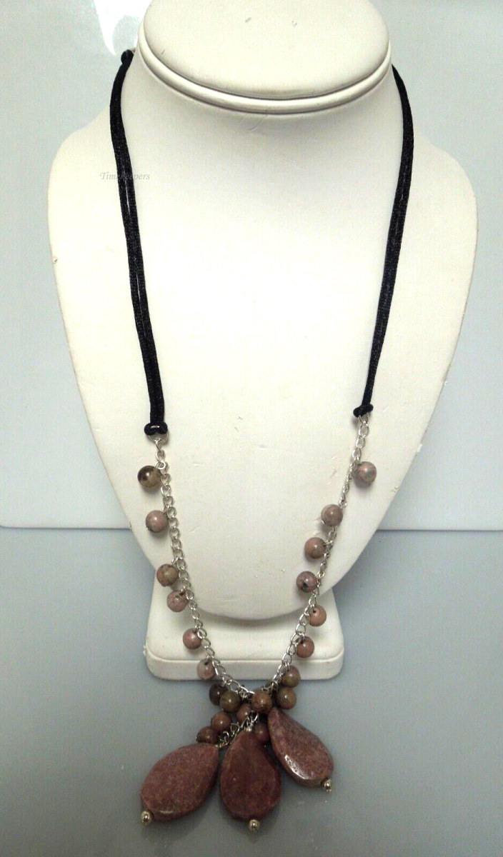 s113 Vintage Rhodonite Beads sterling Silver closure Lariat Necklace 26"  