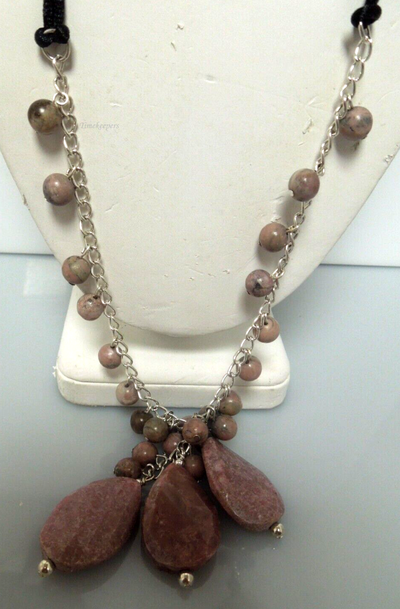 s113 Vintage Rhodonite Beads sterling Silver closure Lariat Necklace 26"  